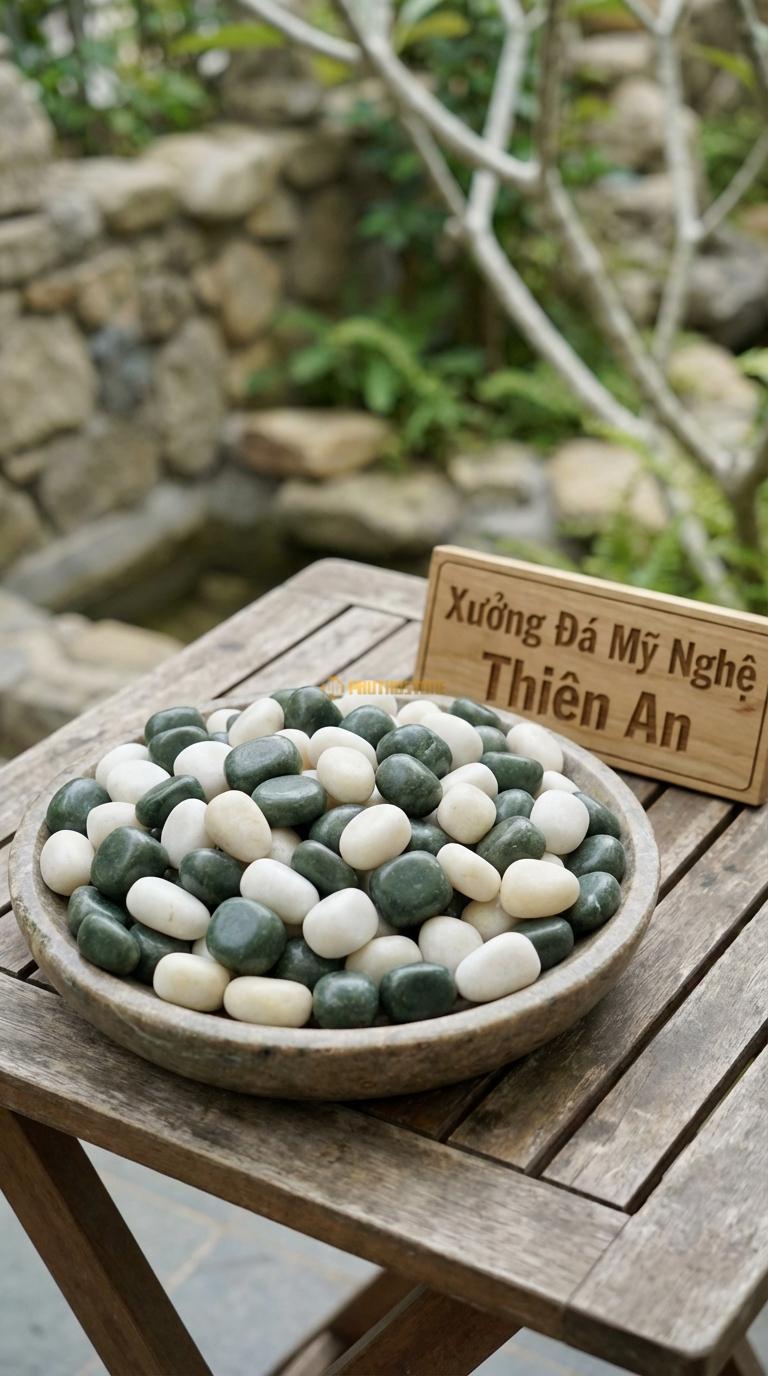 Sỏi Mix 2. Xanh rêu, Trắng quay Tỉ lệ (60, 40). Size 2-3cm