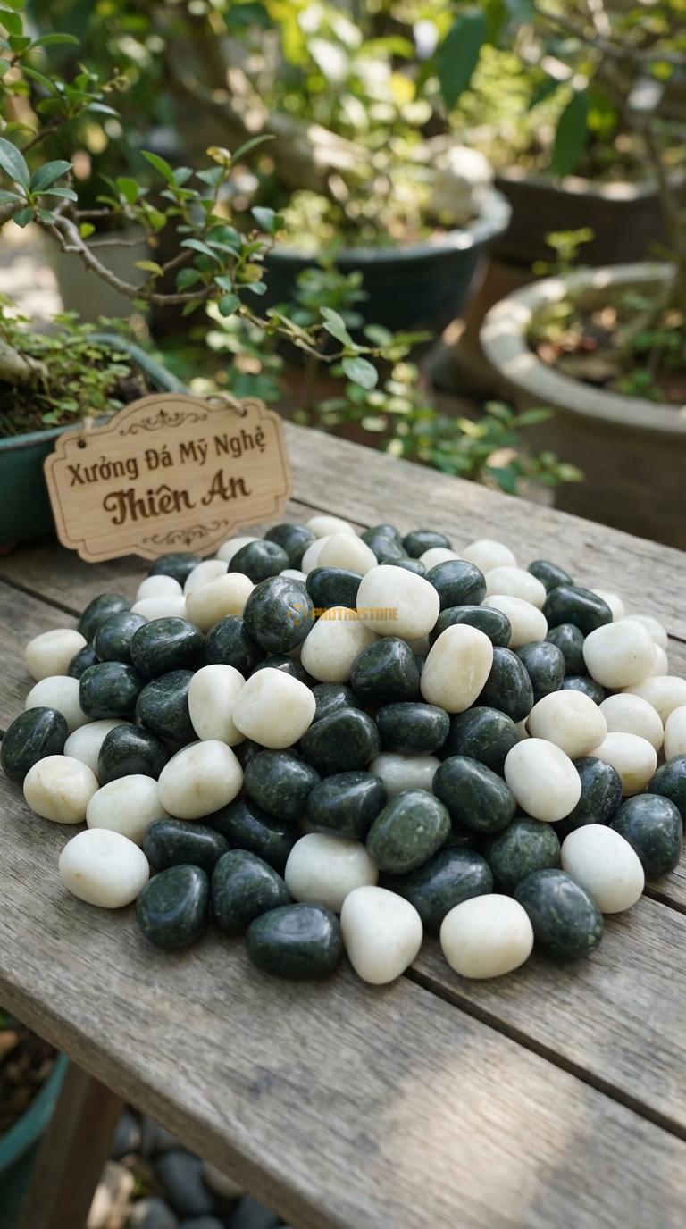 Sỏi Mix 2. Xanh rêu, Trắng quay Tỉ lệ (60, 40). Size 2-4cm