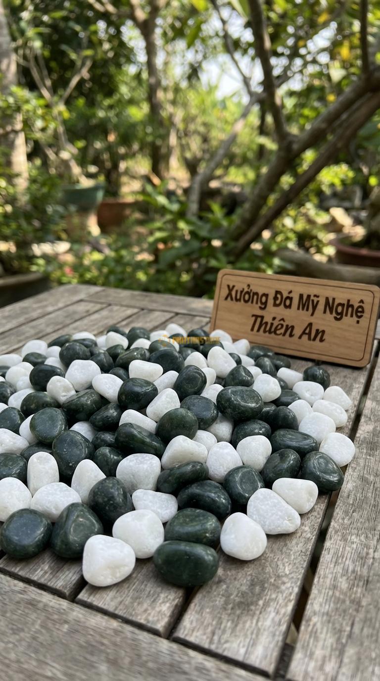 Sỏi Mix 2. Xanh rêu, Trắng quay Tỉ lệ (60, 40). Size 7-9mm