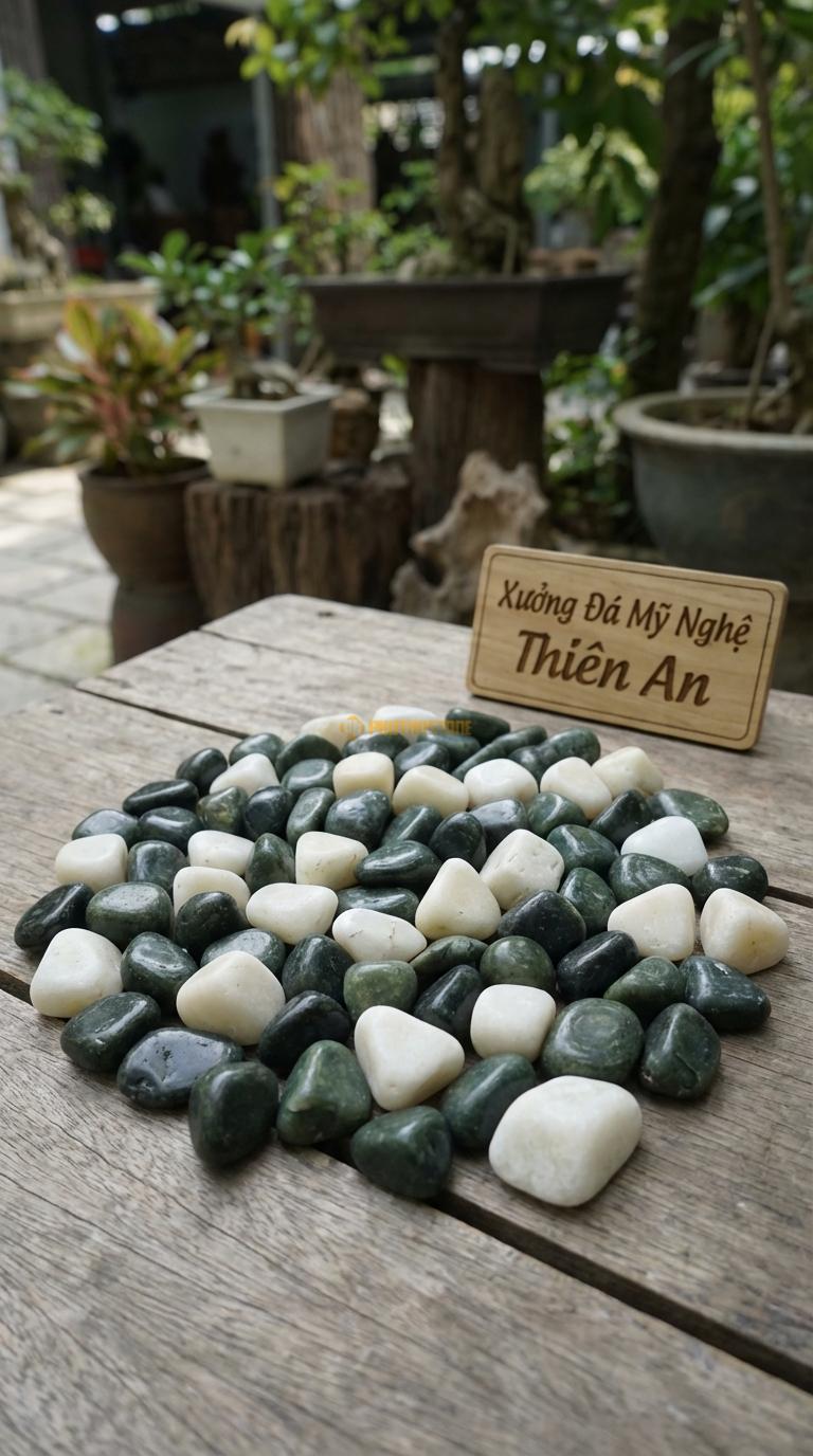 Sỏi Mix 2. Xanh rêu, Trắng quay Tỉ lệ (70, 30). Size 1-2cm