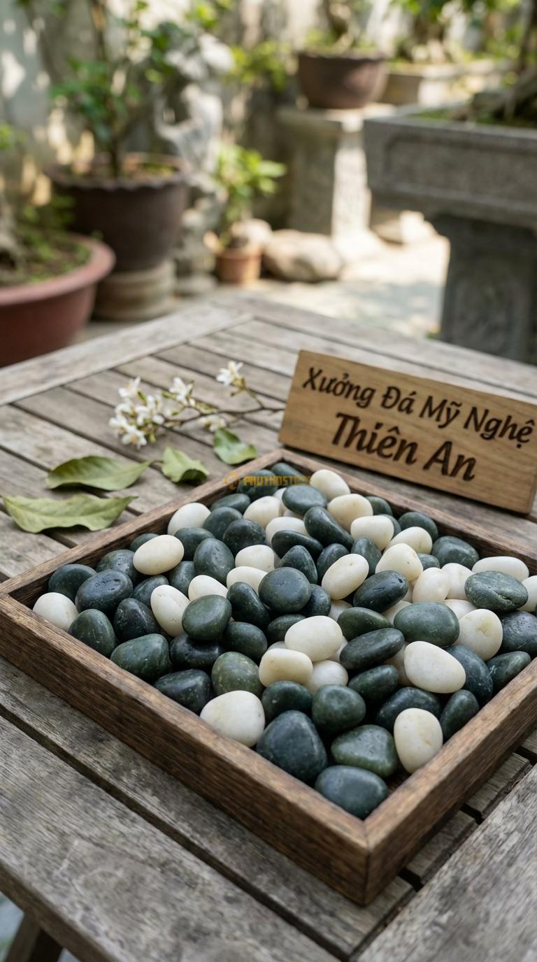 Sỏi Mix 2. Xanh rêu, Trắng quay Tỉ lệ (70, 30). Size 2-3cm