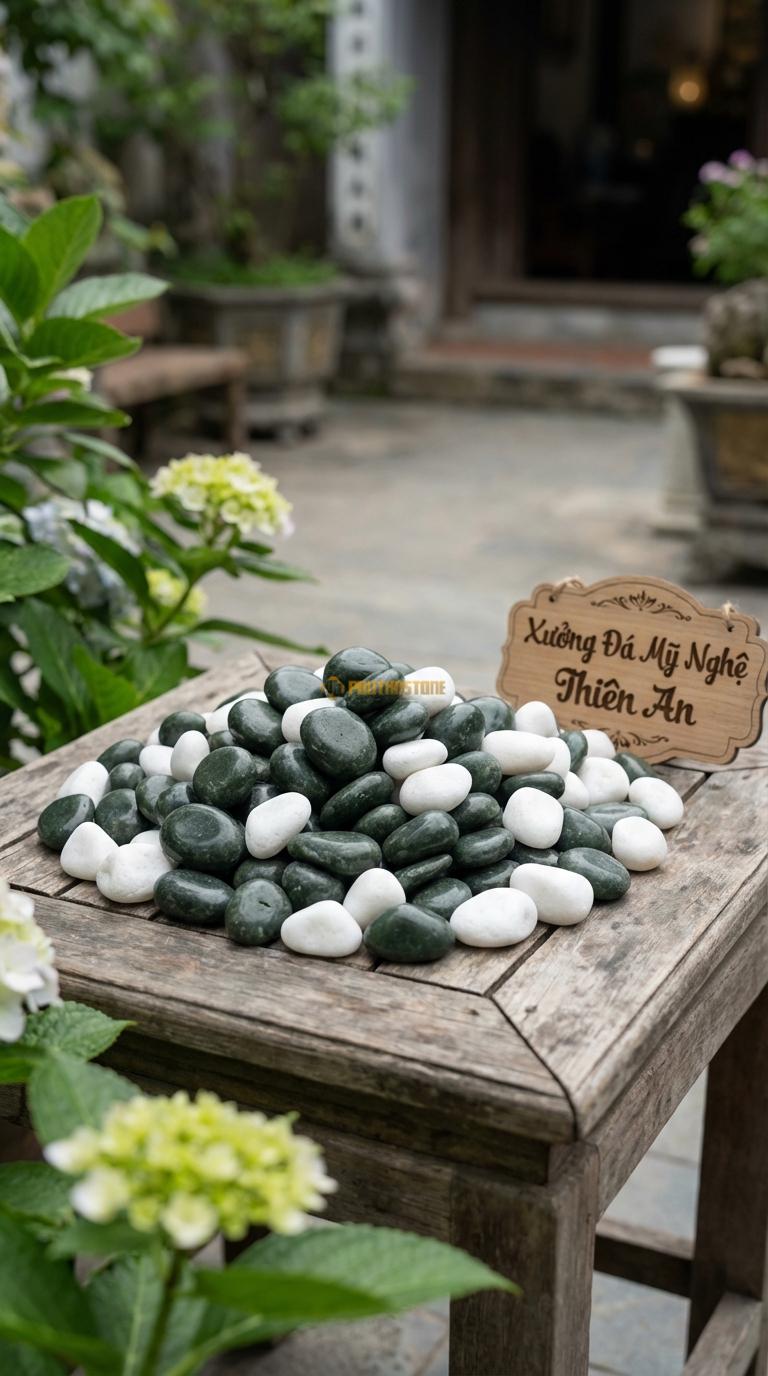 Sỏi Mix 2. Xanh rêu, Trắng quay Tỉ lệ (70, 30). Size 2-4cm