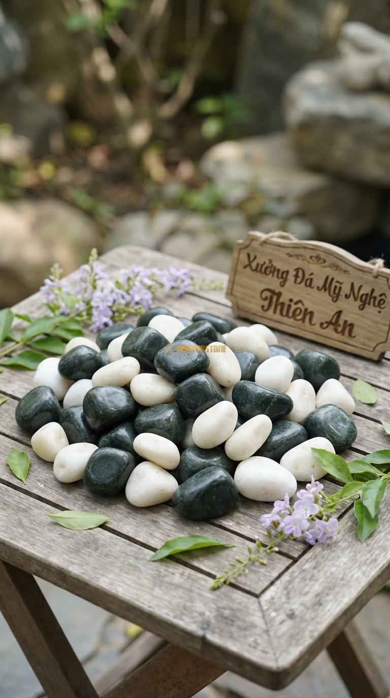 Sỏi Mix 2. Xanh rêu, Trắng quay Tỉ lệ (70, 30). Size 3-5cm