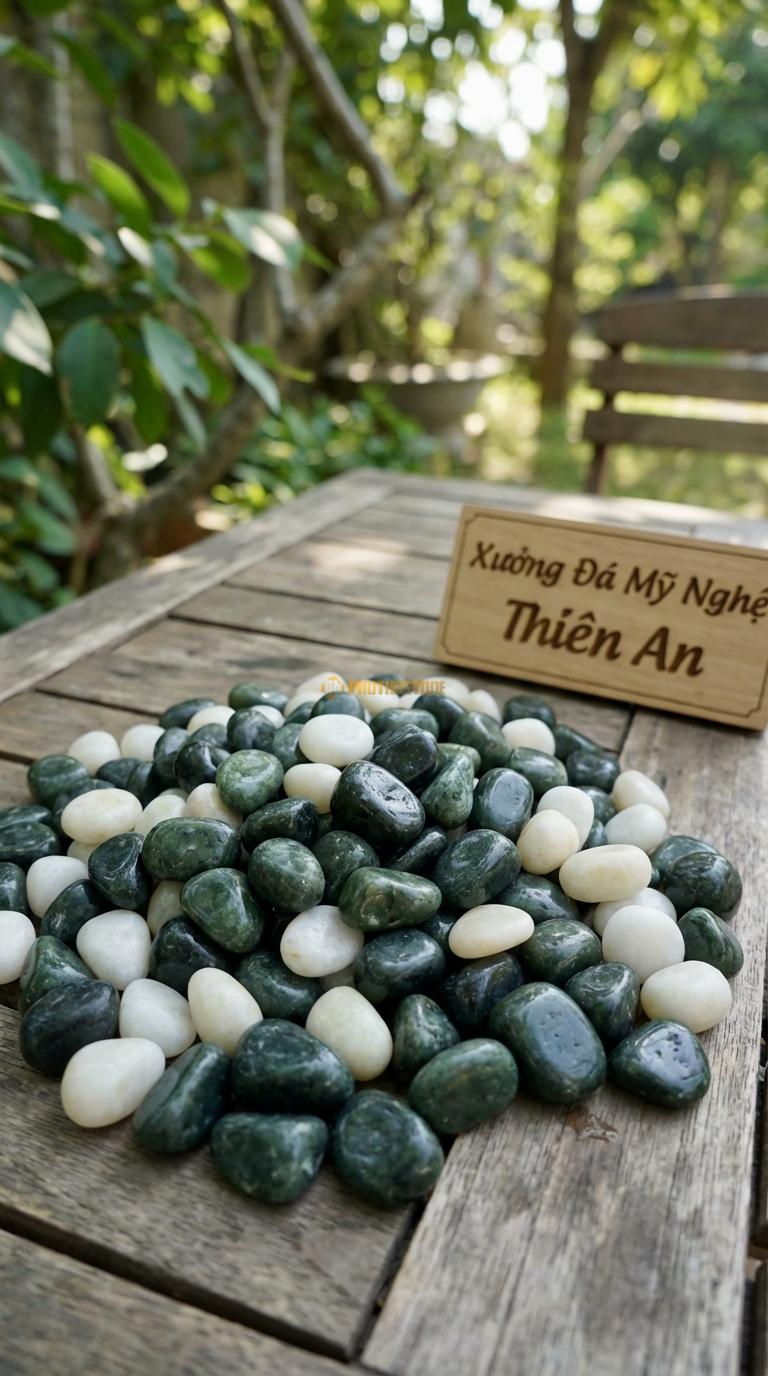 Sỏi Mix 2. Xanh rêu, Trắng quay Tỉ lệ (80, 20). Size 1-2cm