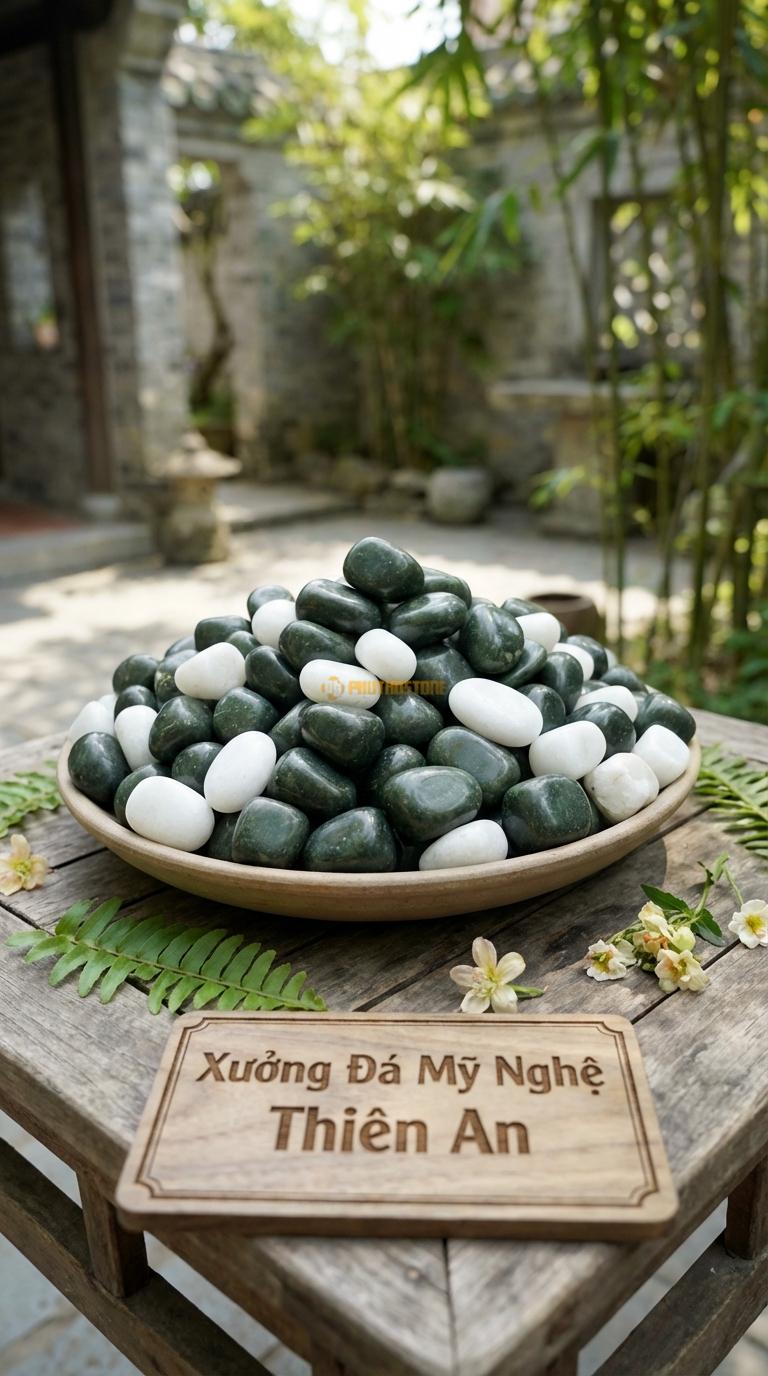 Sỏi Mix 2. Xanh rêu, Trắng quay Tỉ lệ (80, 20). Size 3-5cm