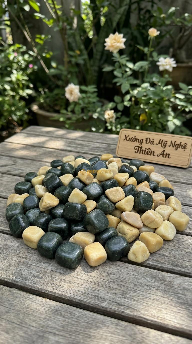 Sỏi Mix 2. Xanh rêu, Vàng quay Tỉ lệ (60, 40). Size 1-2cm