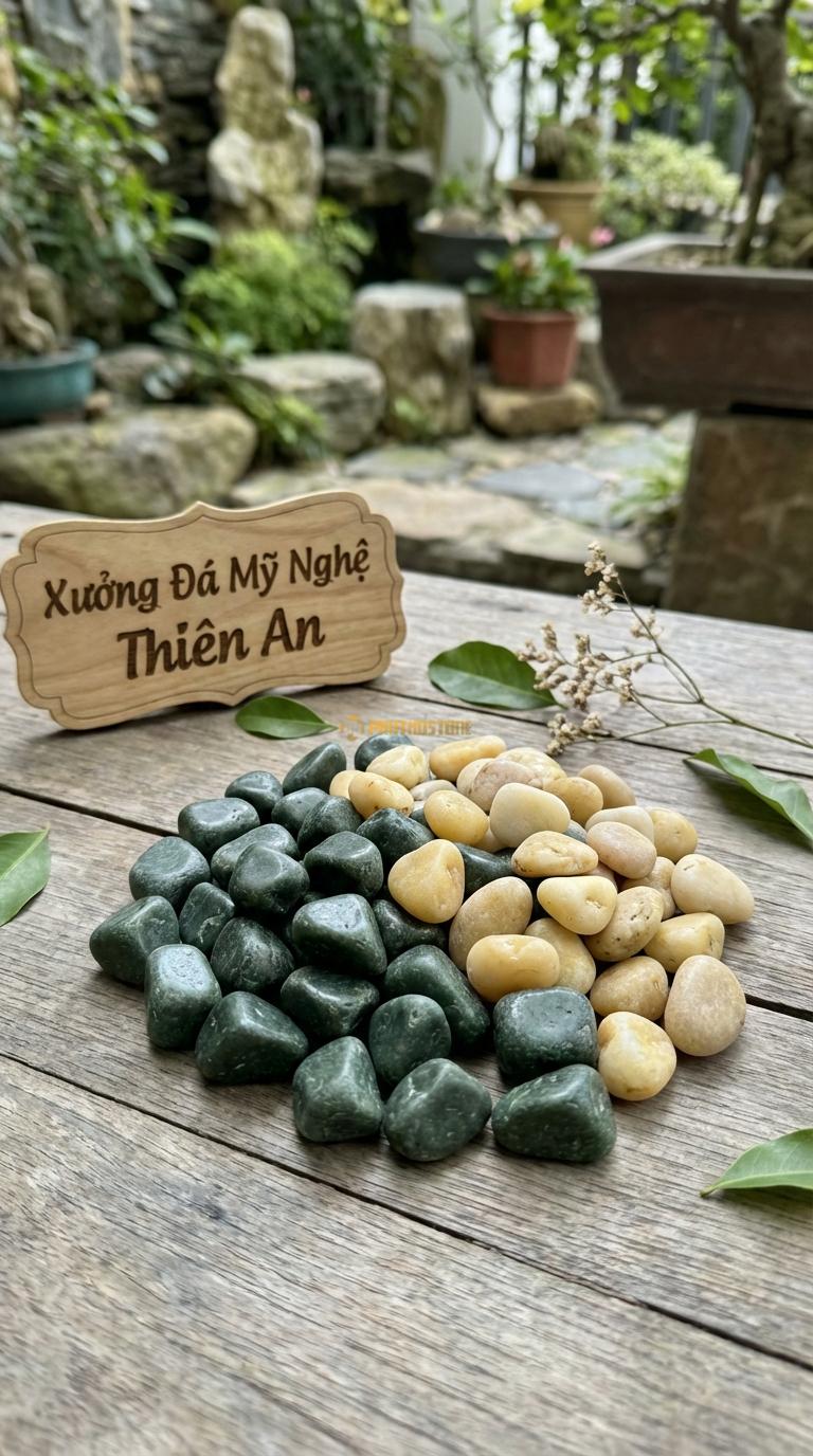 Sỏi Mix 2. Xanh rêu, Vàng quay Tỉ lệ (70, 30). Size 1-2cm