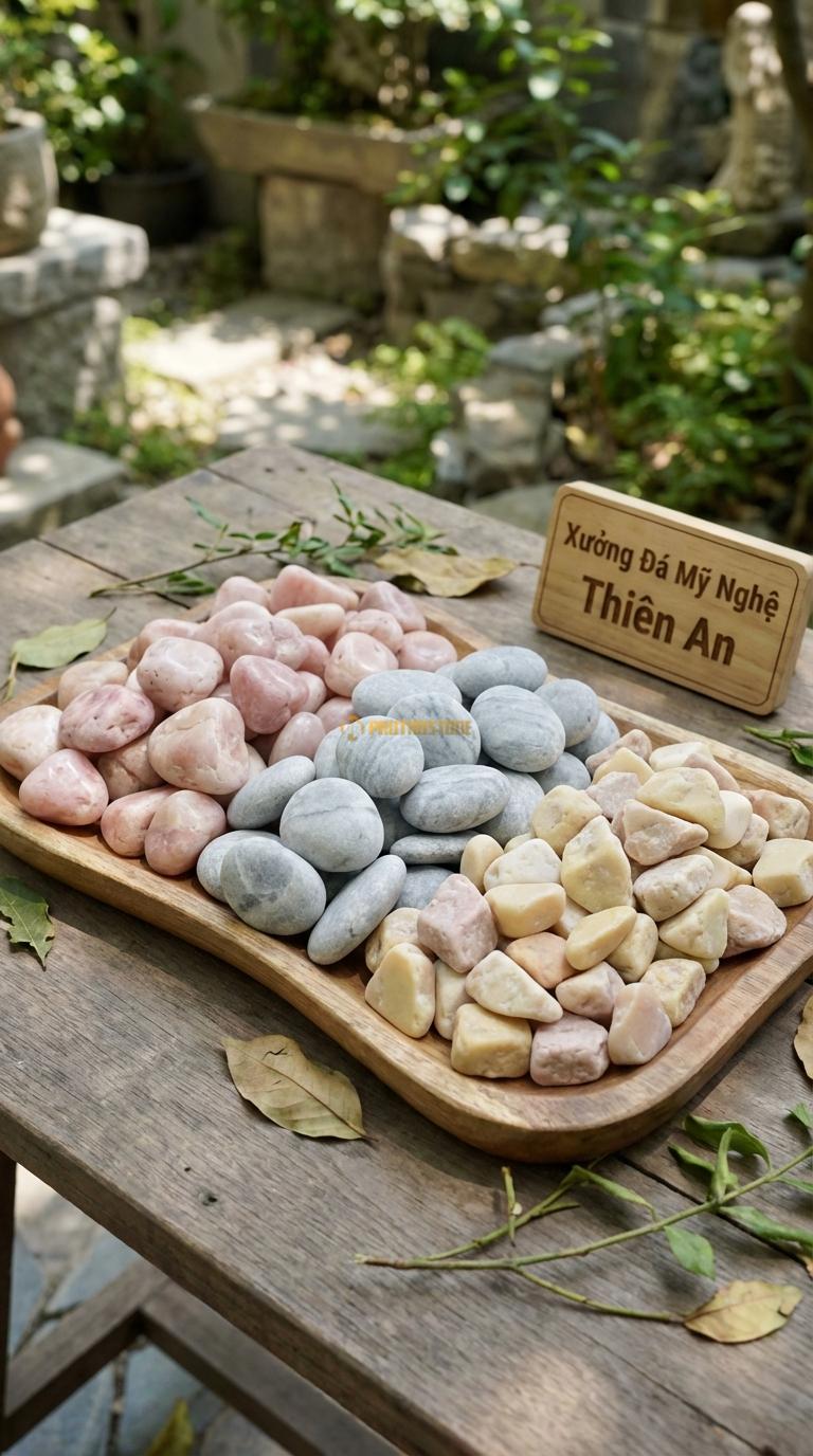 Sỏi Mix 3. Hồng quay, Ghi xám quay, Vàng quay Tỉ lệ (40, 35, 25). Size 2-4cm