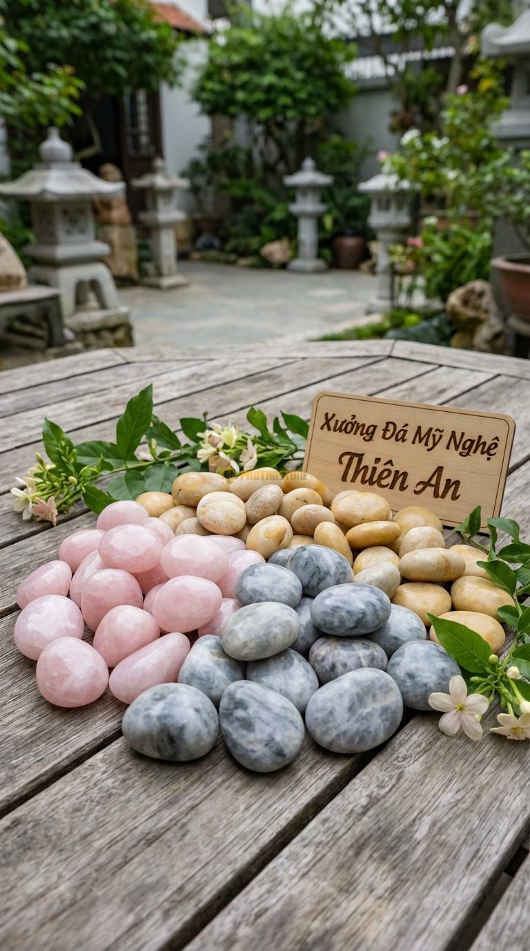 Sỏi Mix 3. Hồng quay, Ghi xám quay, Vàng quay Tỉ lệ (40, 35, 25). Size 2-3cm
