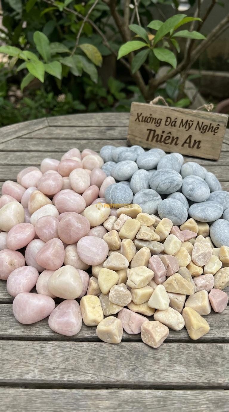 Sỏi Mix 3. Hồng quay, Ghi xám quay, Vàng quay Tỉ lệ (45, 30, 25). Size 1-2cm