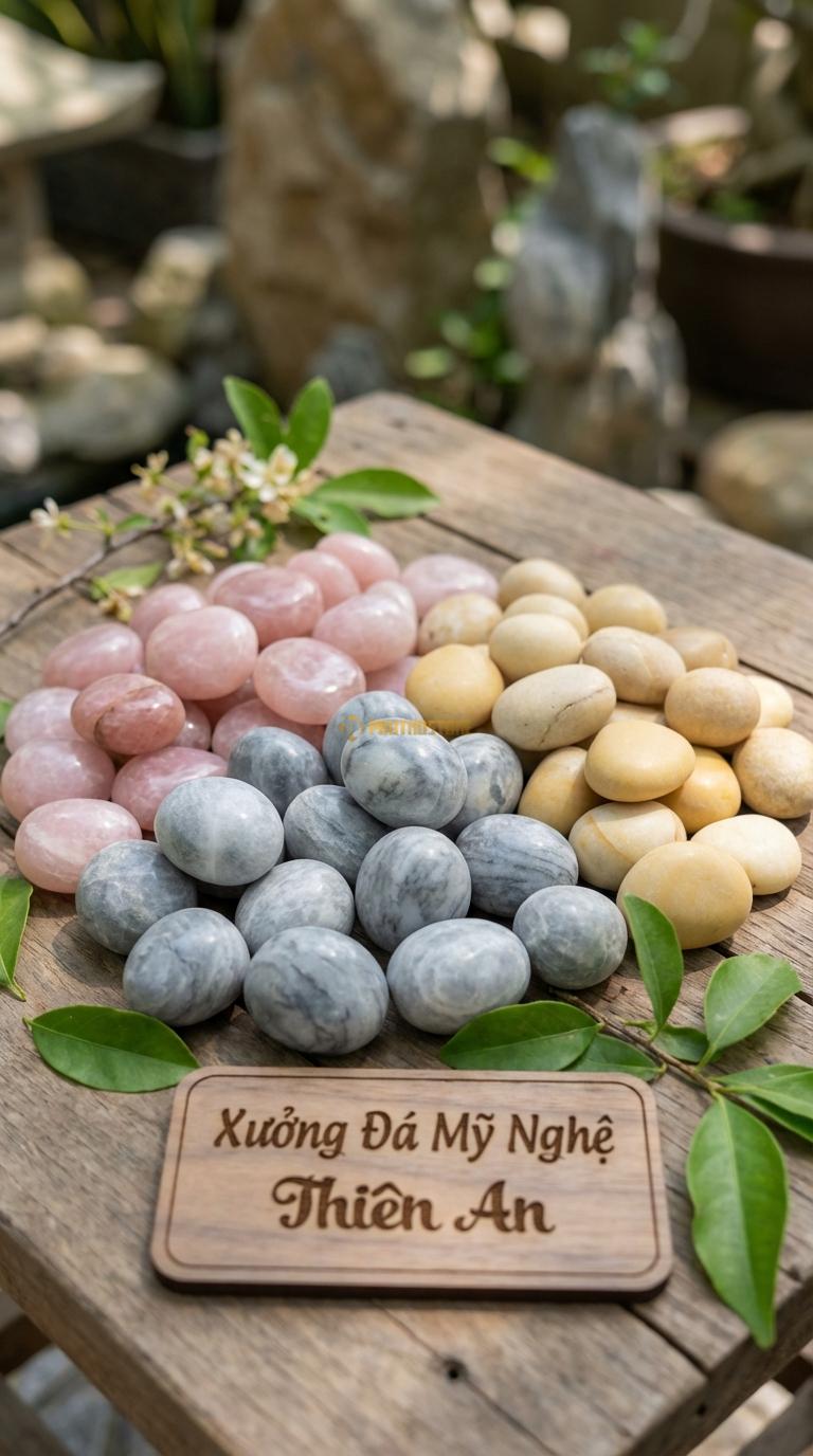 Sỏi Mix 3. Hồng quay, Ghi xám quay, Vàng quay Tỉ lệ (45, 30, 25). Size 2-3cm