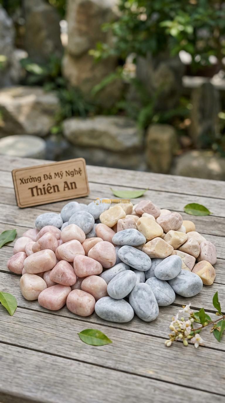 Sỏi Mix 3. Hồng quay, Ghi xám quay, Vàng quay Tỉ lệ (50, 30, 20). Size 3-5cm