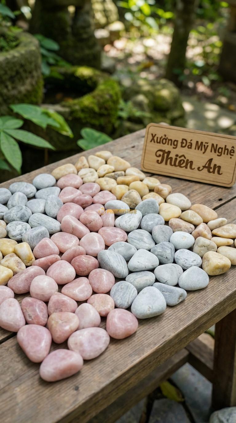 Sỏi Mix 3. Hồng quay, Ghi xám quay, Vàng quay Tỉ lệ (50, 30, 20). Size 1-2cm