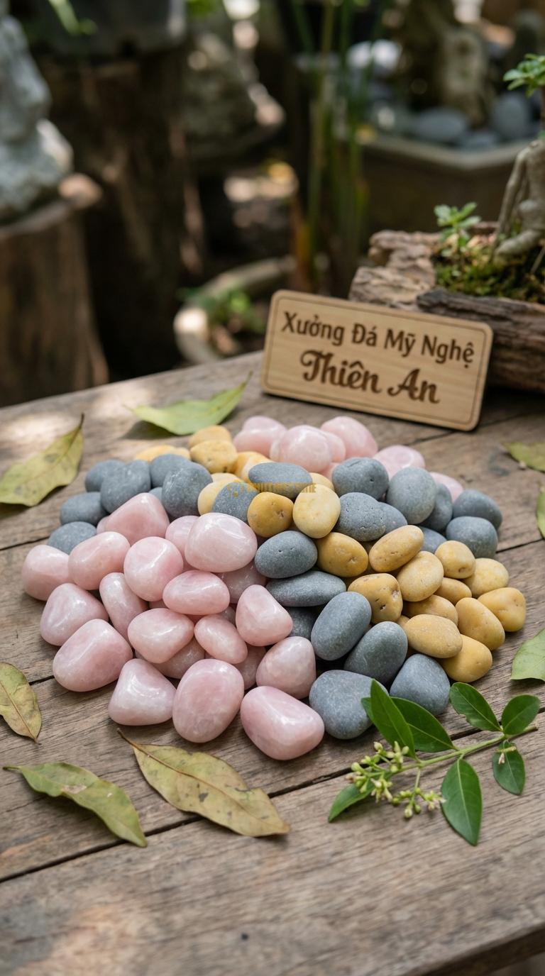 Sỏi Mix 3. Hồng quay, Ghi xám quay, Vàng quay Tỉ lệ (50, 30, 20). Size 2-3cm