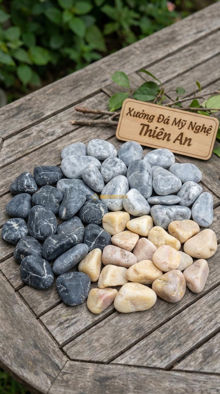 Sỏi Mix 3 loại sỏi đen quay, Ghi xám quay, Vàng quay Tỉ lệ (40, 35, 25). Size 2-4cm