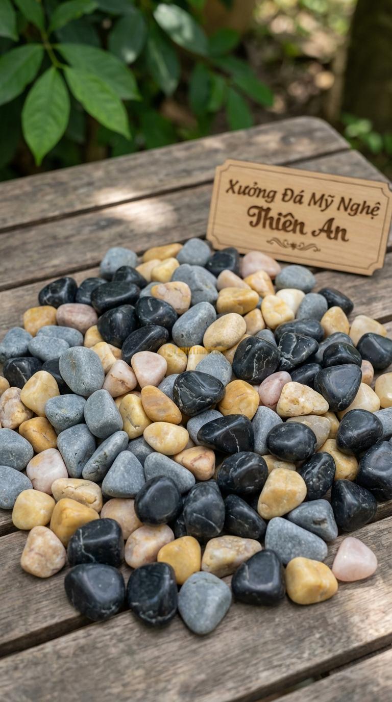 Sỏi Mix 3 loại sỏi đen quay, Ghi xám quay, Vàng quay Tỉ lệ (40, 35, 25). Size 2-3cm
