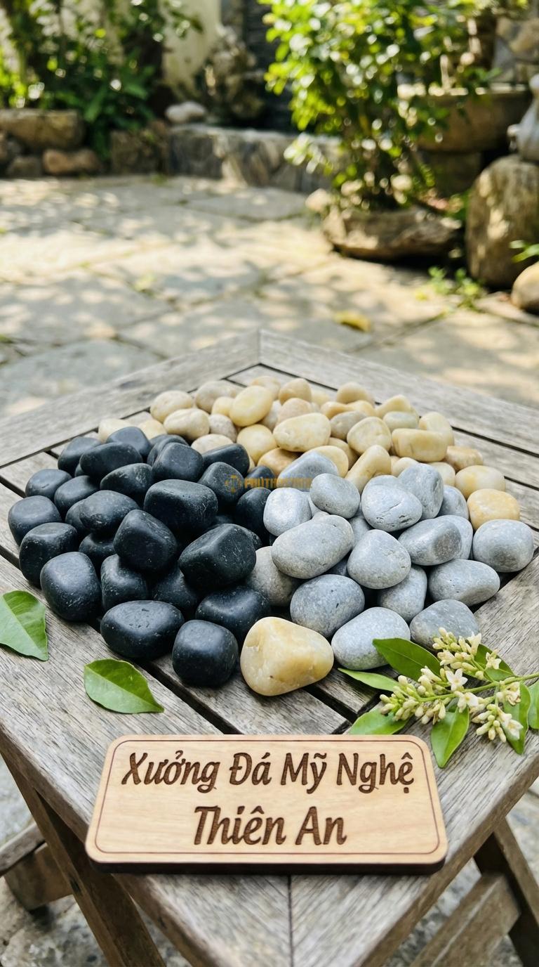 Sỏi Mix 3 loại sỏi đen quay, Ghi xám quay, Vàng quay Tỉ lệ (45, 30, 25). Size 1-2cm