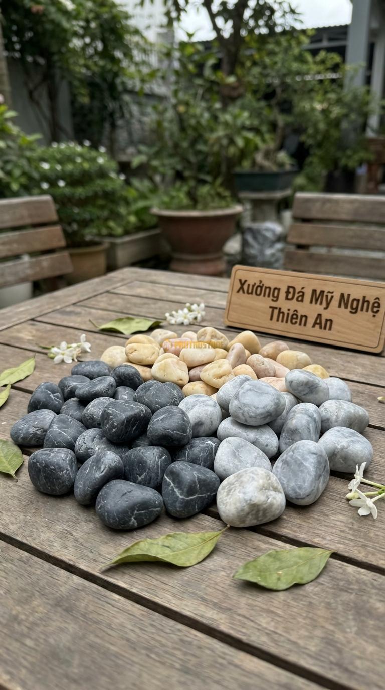 Sỏi Mix 3 loại sỏi đen quay, Ghi xám quay, Vàng quay Tỉ lệ (50, 30, 20). Size 2-4cm