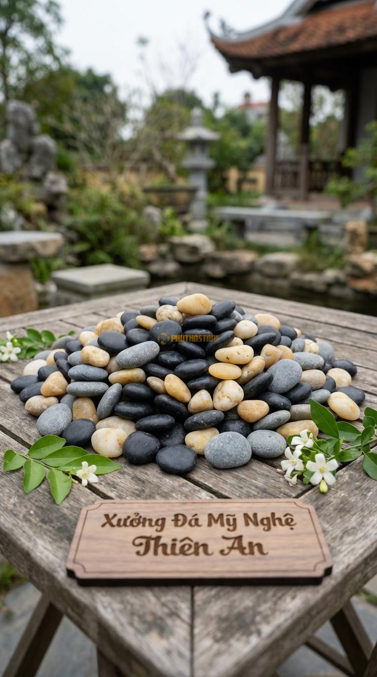 Sỏi Mix 3 loại sỏi đen quay, Ghi xám quay, Vàng quay Tỉ lệ (60, 25, 15). Size 1-2cm