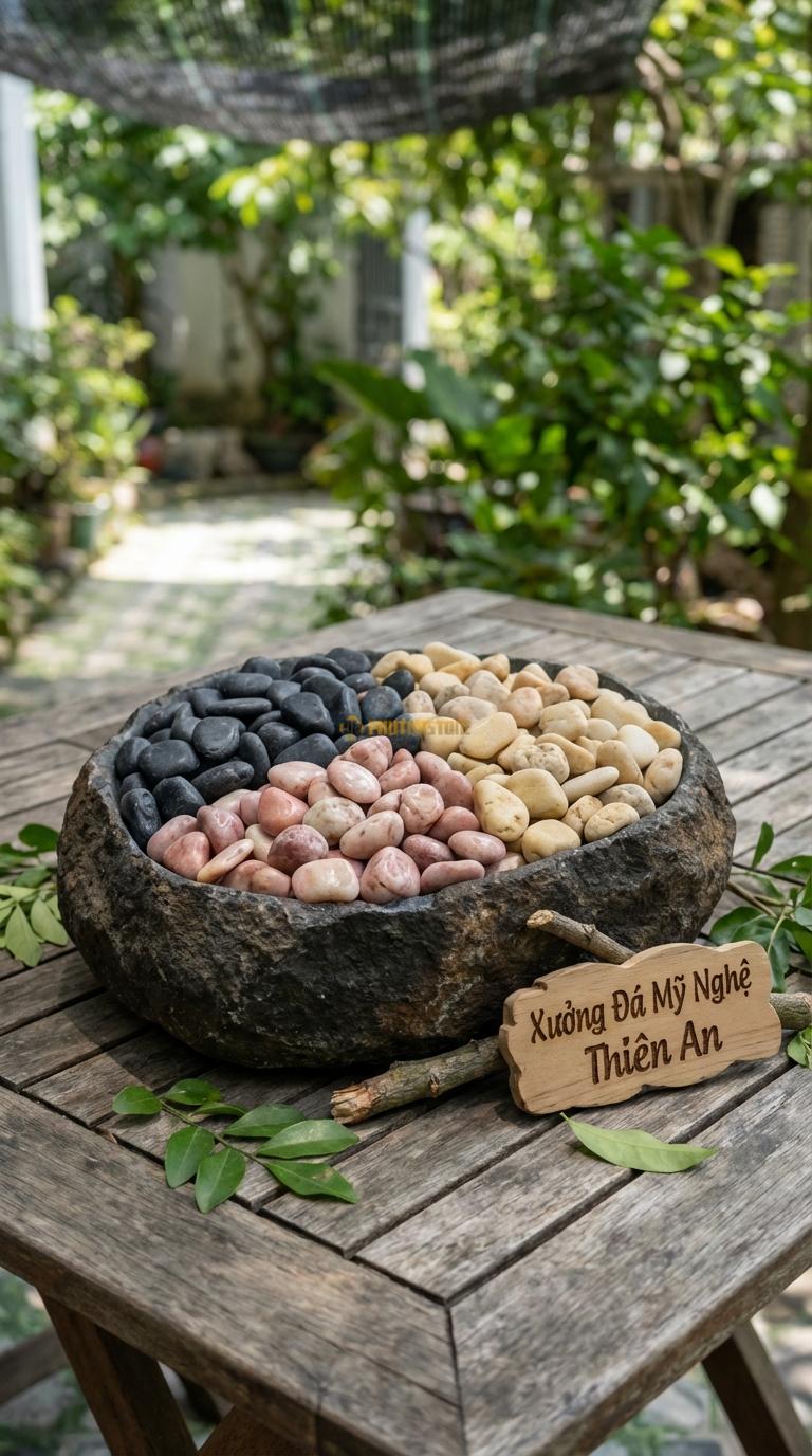Sỏi Mix 3 loại sỏi đen quay, Hồng quay, Vàng quay Tỉ lệ (40, 35, 25). Size 1-2cm