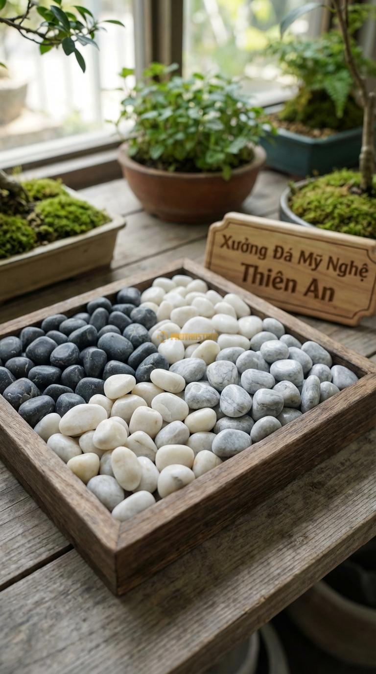 Sỏi Mix 3 loại sỏi đen quay, Trắng quay, Ghi xám quay Tỉ lệ (40, 35, 25). Size 3-5mm