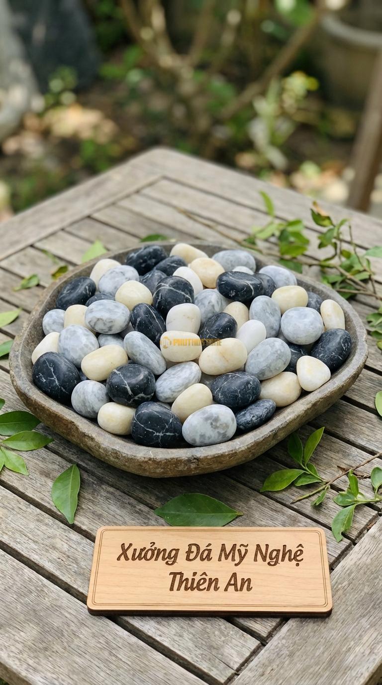 Sỏi Mix 3 loại sỏi đen quay, Trắng quay, Ghi xám quay Tỉ lệ (40, 35, 25). Size 1-2cm