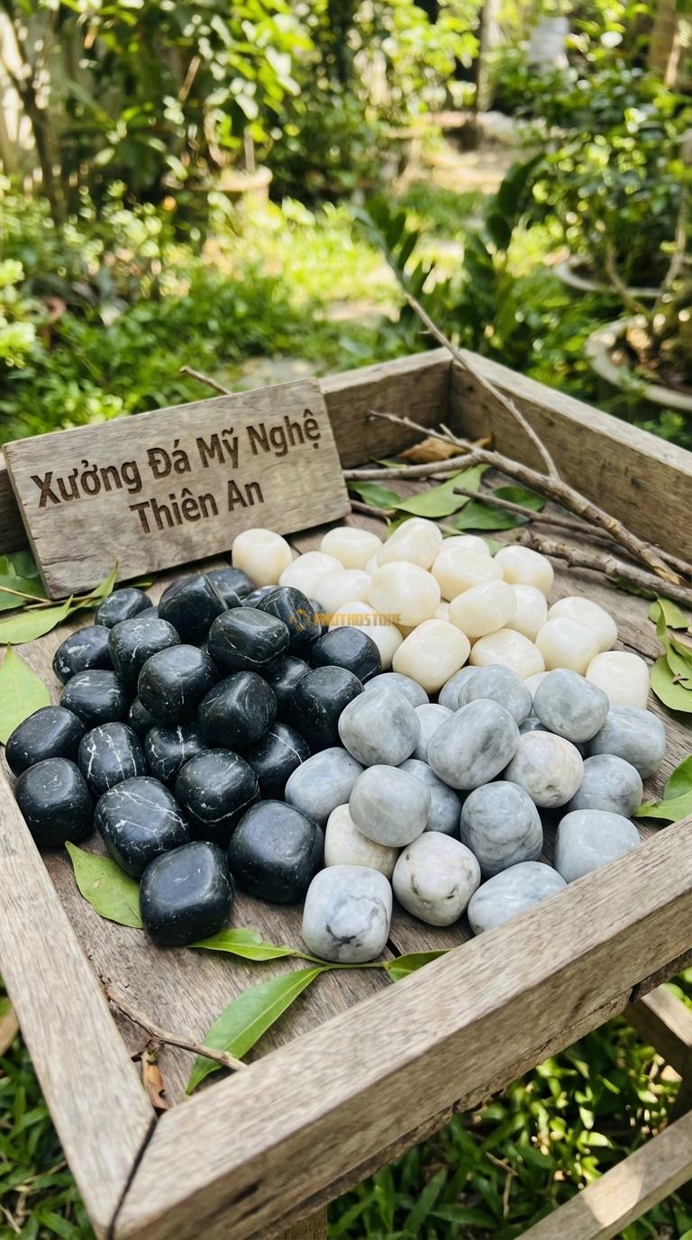 Sỏi Mix 3 loại sỏi đen quay, Trắng quay, Ghi xám quay Tỉ lệ (40, 35, 25). Size 3-5cm