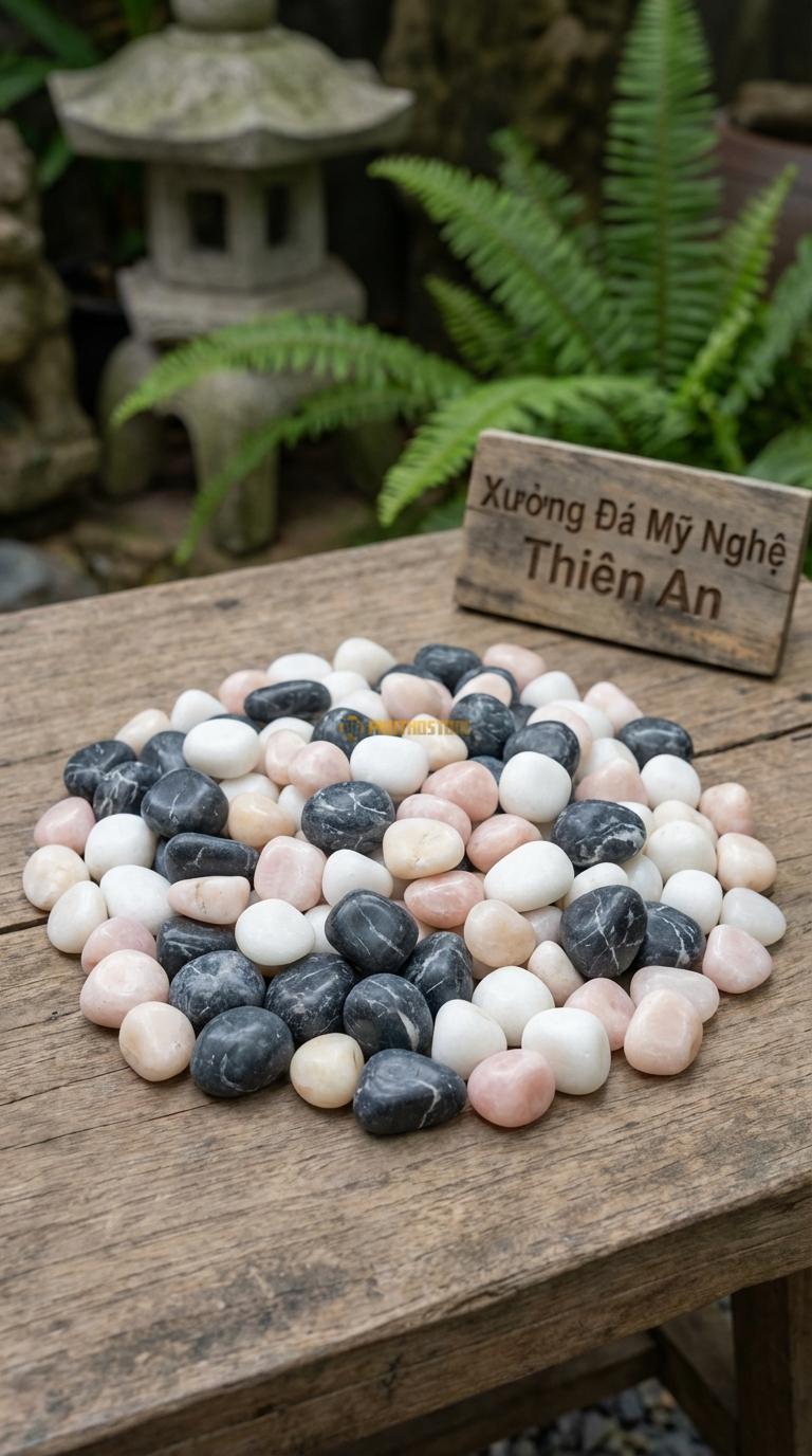 Sỏi Mix 3 loại sỏi đen quay, Trắng quay, Hồng quay Tỉ lệ (45, 30, 25). Size 7-9mm