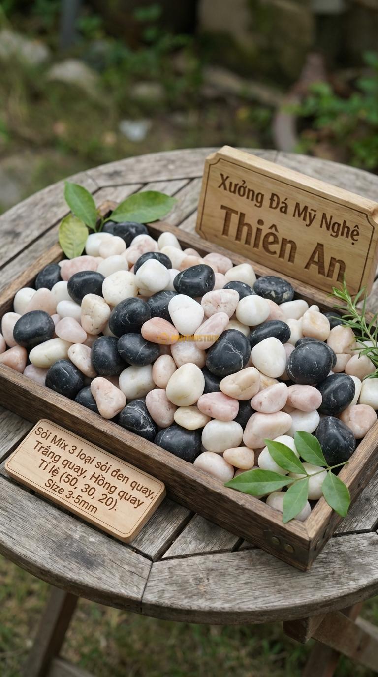 Sỏi Mix 3 loại sỏi đen quay, Trắng quay, Hồng quay Tỉ lệ (50, 30, 20). Size 3-5mm