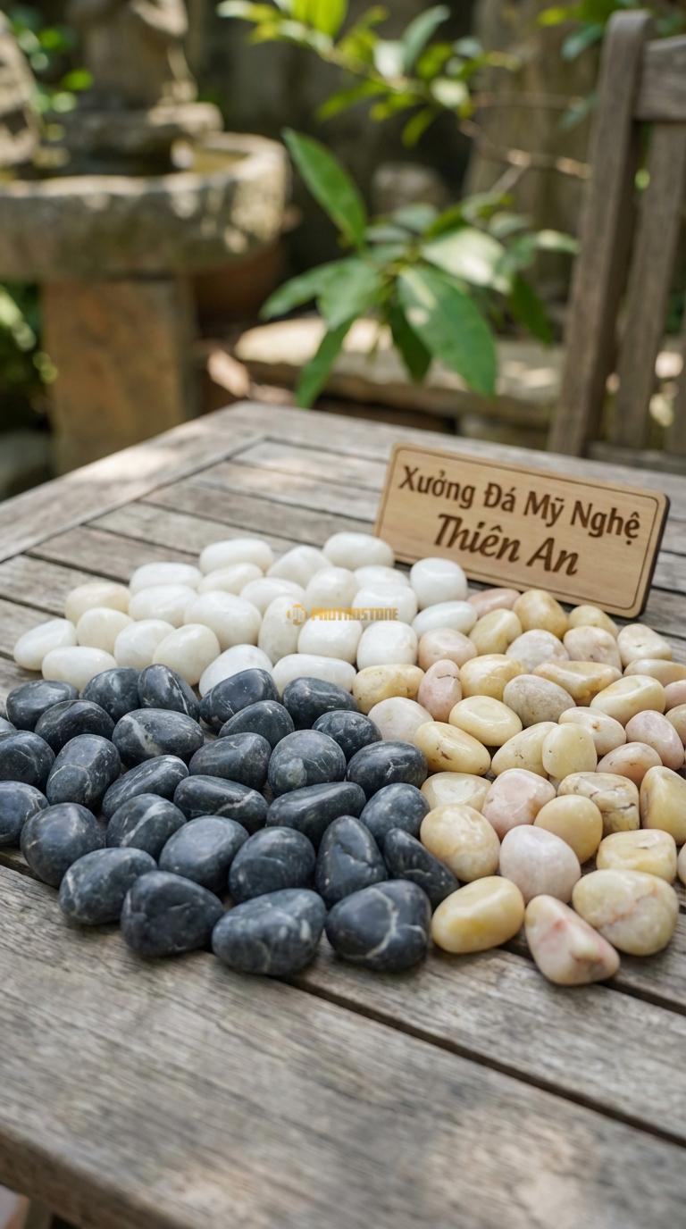 Sỏi Mix 3 loại sỏi đen quay, Trắng quay, Vàng quay Tỉ lệ (40, 35, 25). Size 2-4cm