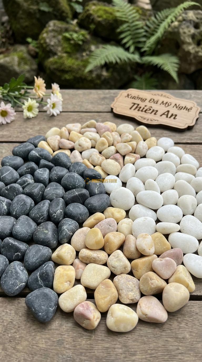 Sỏi Mix 3 loại sỏi đen quay, Trắng quay, Vàng quay Tỉ lệ (40, 35, 25). Size 7-9mm