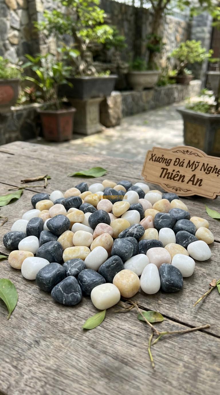 Sỏi Mix 3 loại sỏi đen quay, Trắng quay, Vàng quay Tỉ lệ (50, 30, 20). Size 1-2cm