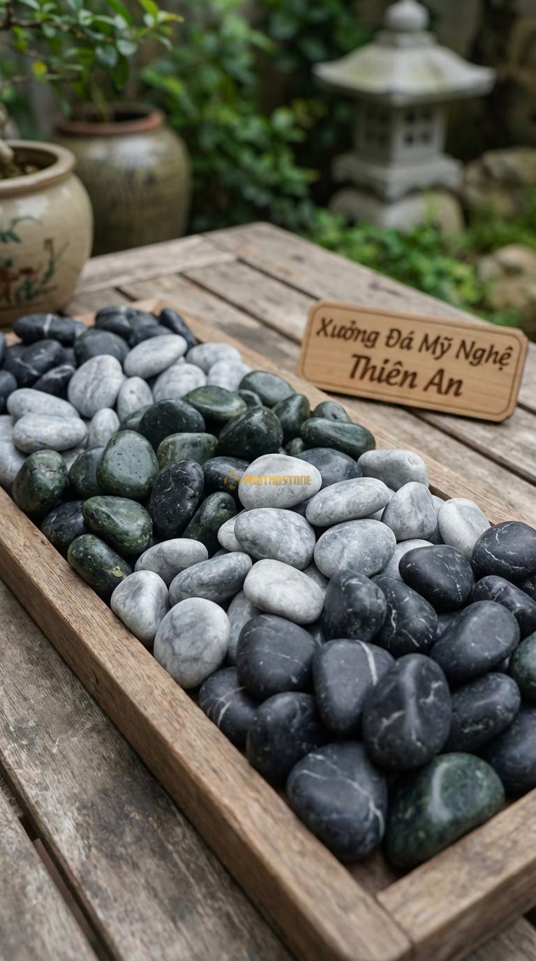 Sỏi Mix 3 loại sỏi đen quay, Xanh rêu, Ghi xám quay Tỉ lệ (40, 35, 25). Size 1-2cm