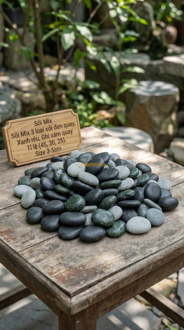 Sỏi Mix 3 loại sỏi đen quay, Xanh rêu, Ghi xám quay Tỉ lệ (45, 30, 25). Size 3-5cm