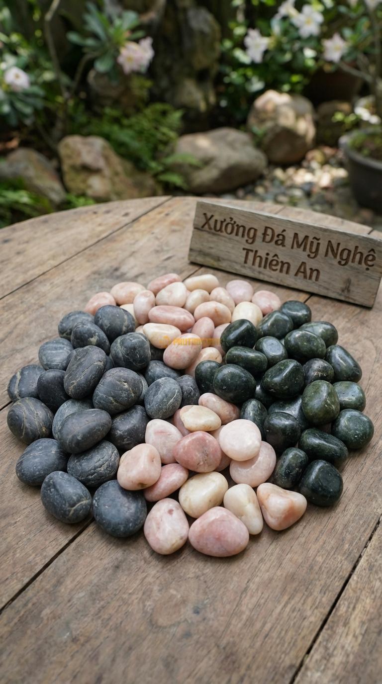 Sỏi Mix 3 loại sỏi đen quay, Xanh rêu, Hồng quay Tỉ lệ (40, 35, 25). Size 2-4cm