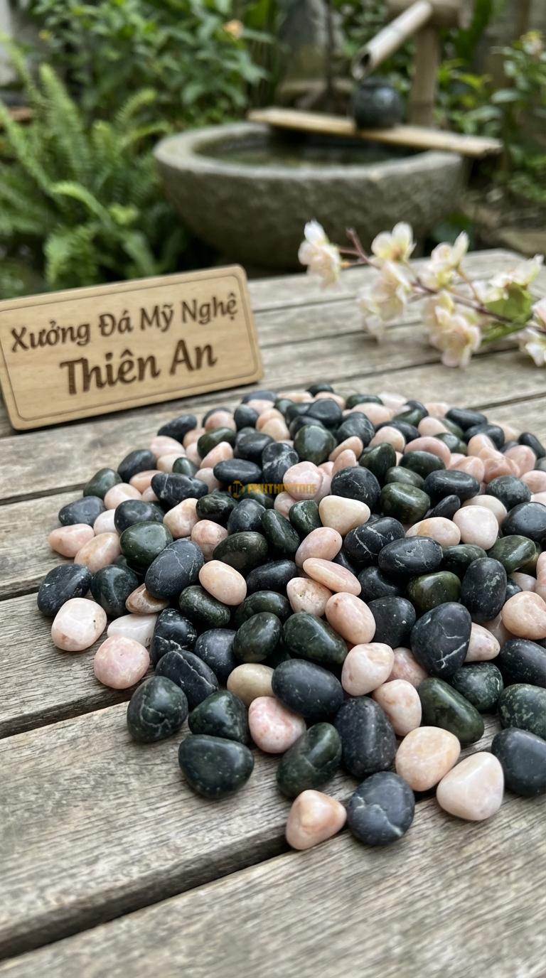 Sỏi Mix 3 loại sỏi đen quay, Xanh rêu, Hồng quay Tỉ lệ (40, 35, 25). Size 7-9mm