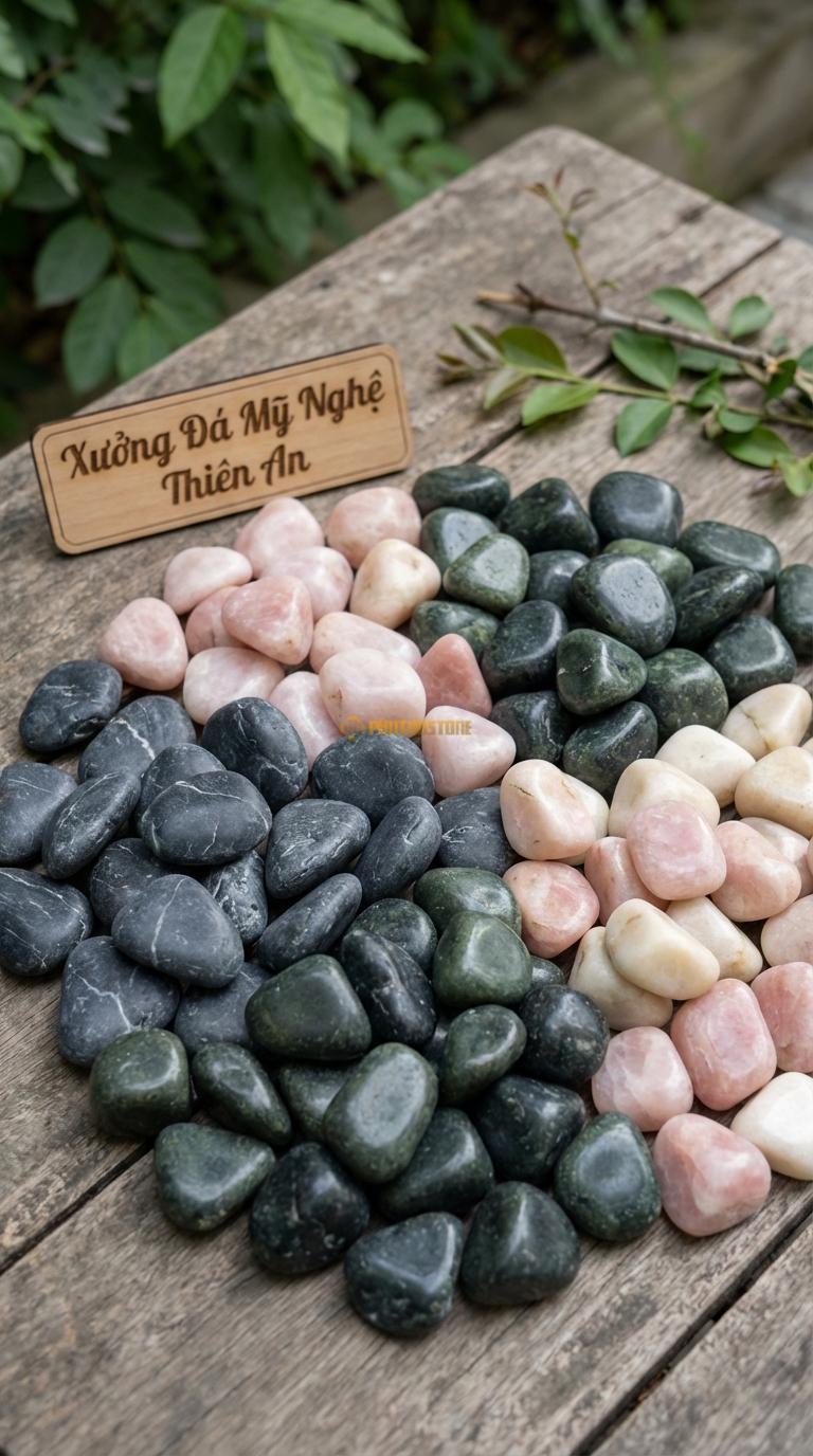 Sỏi Mix 3 loại sỏi đen quay, Xanh rêu, Hồng quay Tỉ lệ (40, 35, 25). Size 1-2cm