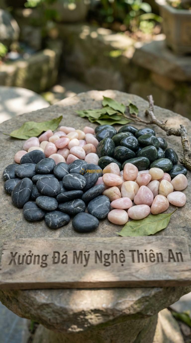 Sỏi Mix 3 loại sỏi đen quay, Xanh rêu, Hồng quay Tỉ lệ (45, 30, 25). Size 7-9mm