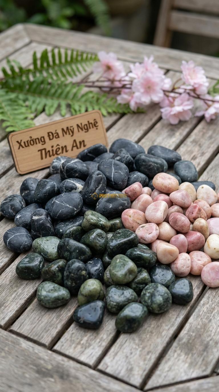 Sỏi Mix 3 loại sỏi đen quay, Xanh rêu, Hồng quay Tỉ lệ (45, 30, 25). Size 1-2cm