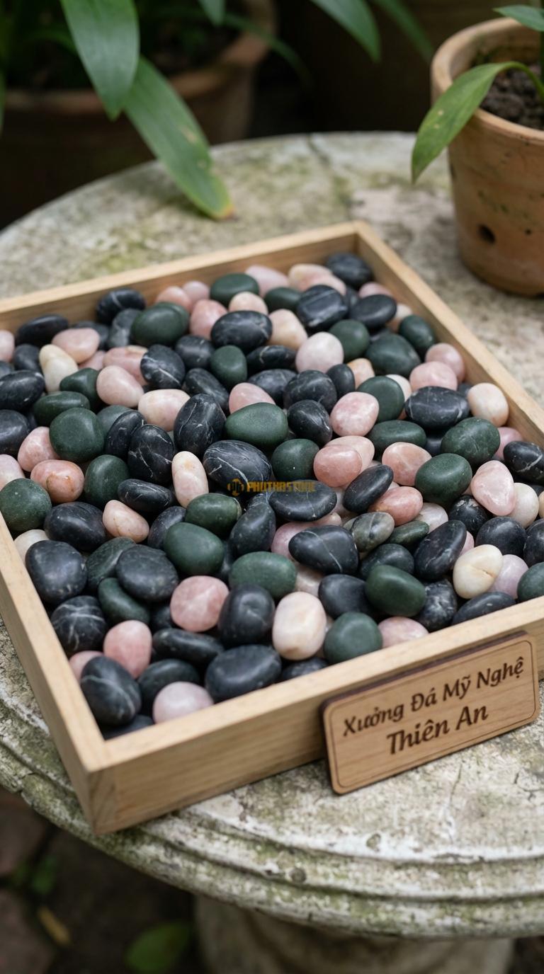 Sỏi Mix 3 loại sỏi đen quay, Xanh rêu, Hồng quay Tỉ lệ (50, 30, 20). Size 1-2cm