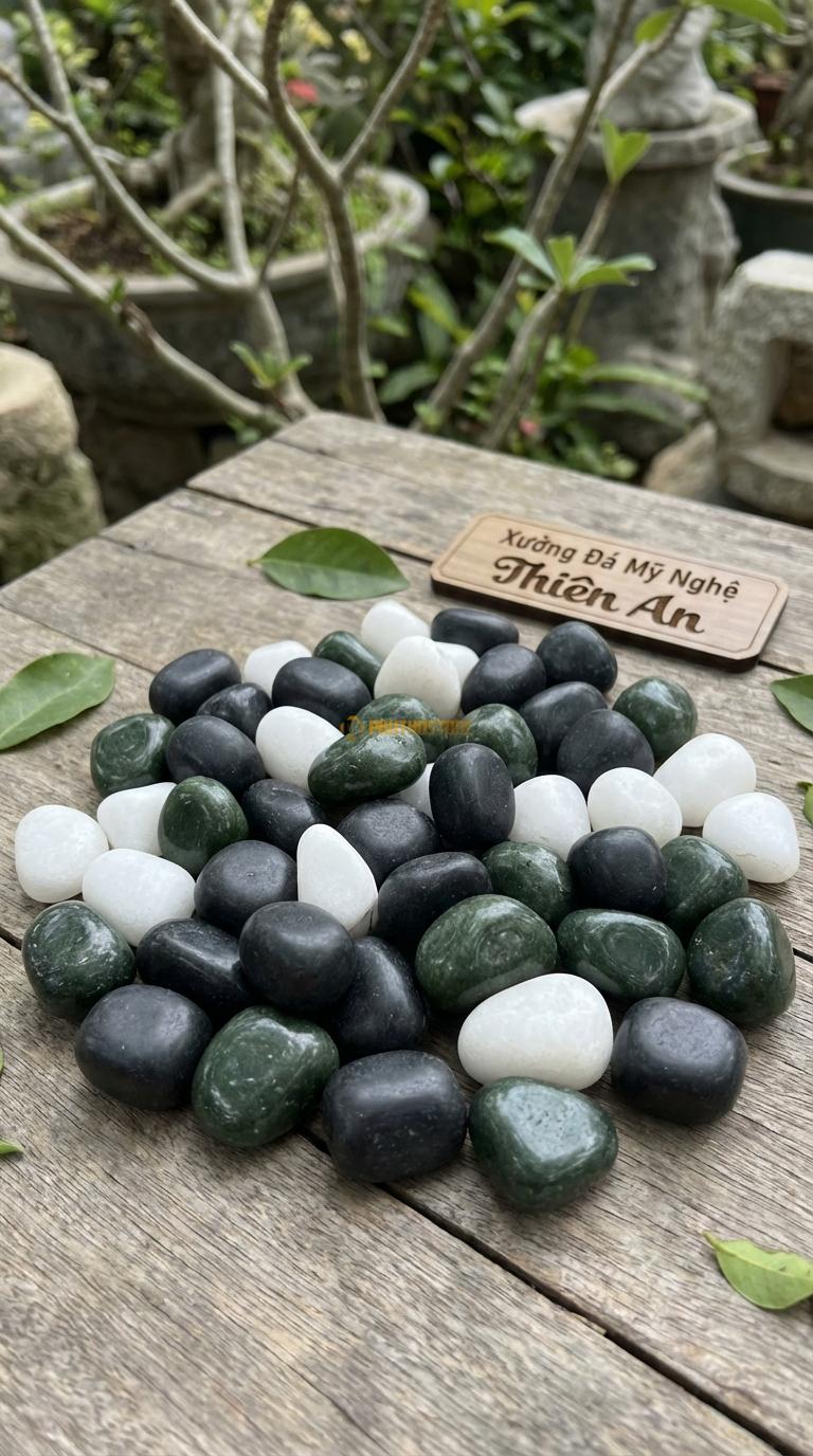 Sỏi Mix 3 loại sỏi đen quay, Xanh rêu, Trắng quay Tỉ lệ (40, 35, 25). Size 2-4cm