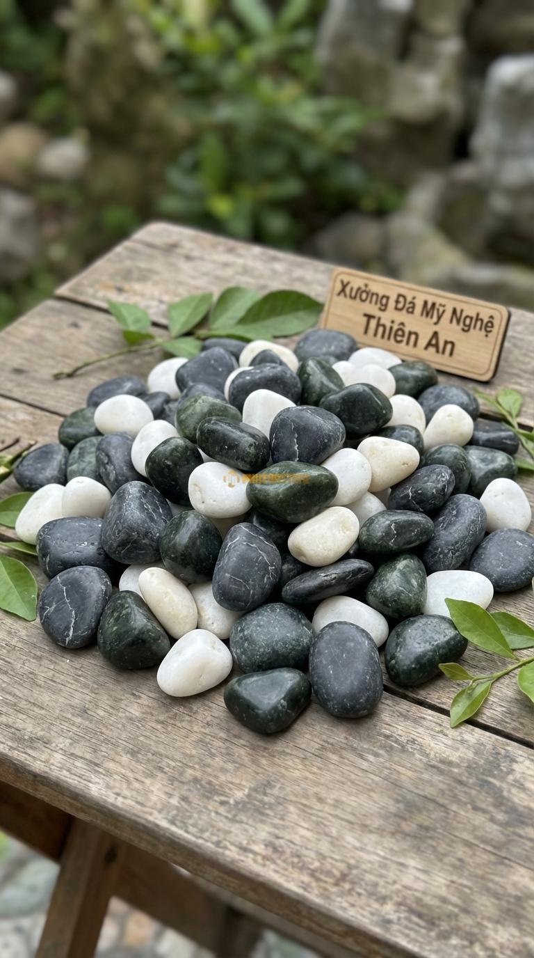 Sỏi Mix 3 loại sỏi đen quay, Xanh rêu, Trắng quay Tỉ lệ (40, 35, 25). Size 3-5mm