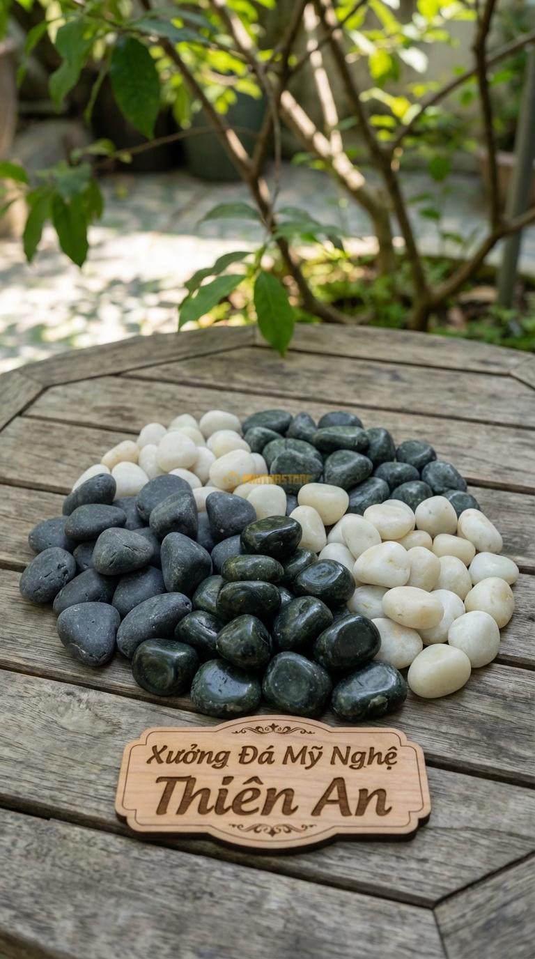 Sỏi Mix 3 loại sỏi đen quay, Xanh rêu, Trắng quay Tỉ lệ (40, 35, 25). Size 1-2cm