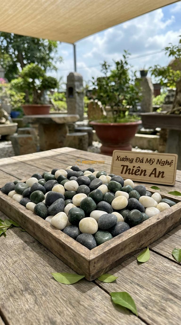 Sỏi Mix 3 loại sỏi đen quay, Xanh rêu, Trắng quay Tỉ lệ (45, 30, 25). Size 1-2cm