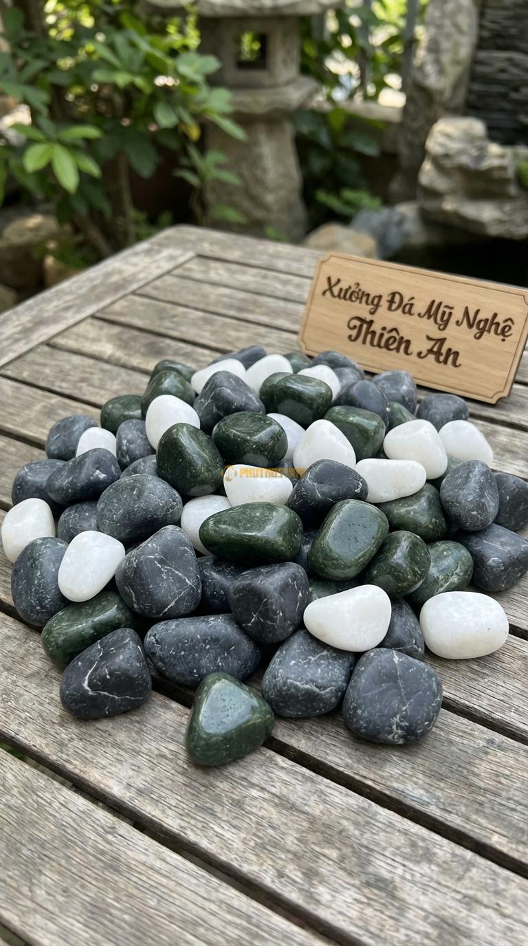 Sỏi Mix 3 loại sỏi đen quay, Xanh rêu, Trắng quay Tỉ lệ (50, 30, 20). Size 2-3cm