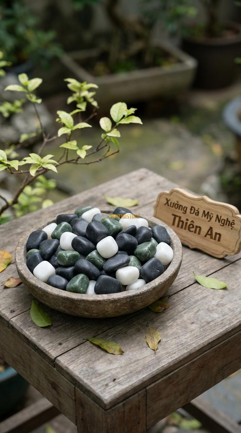 Sỏi Mix 3 loại sỏi đen quay, Xanh rêu, Trắng quay Tỉ lệ (60, 25, 15). Size 2-3cm