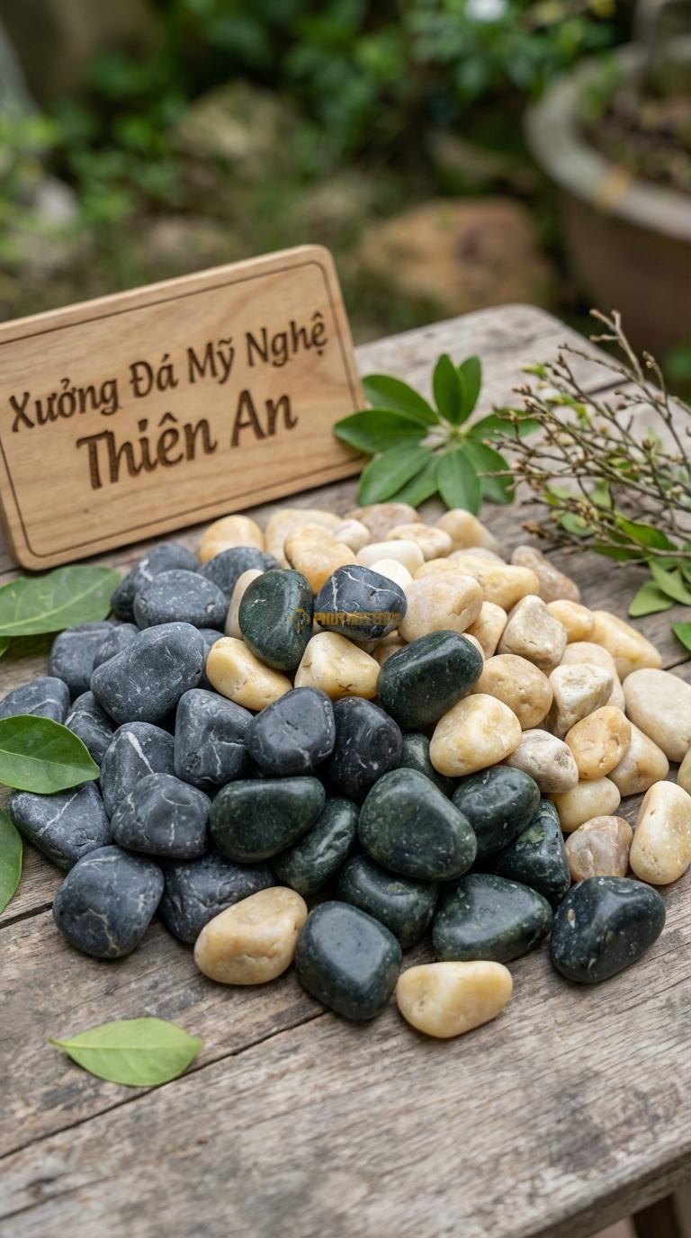 Sỏi Mix 3 loại sỏi đen quay, Xanh rêu, Vàng quay Tỉ lệ (40, 35, 25). Size 3-5cm