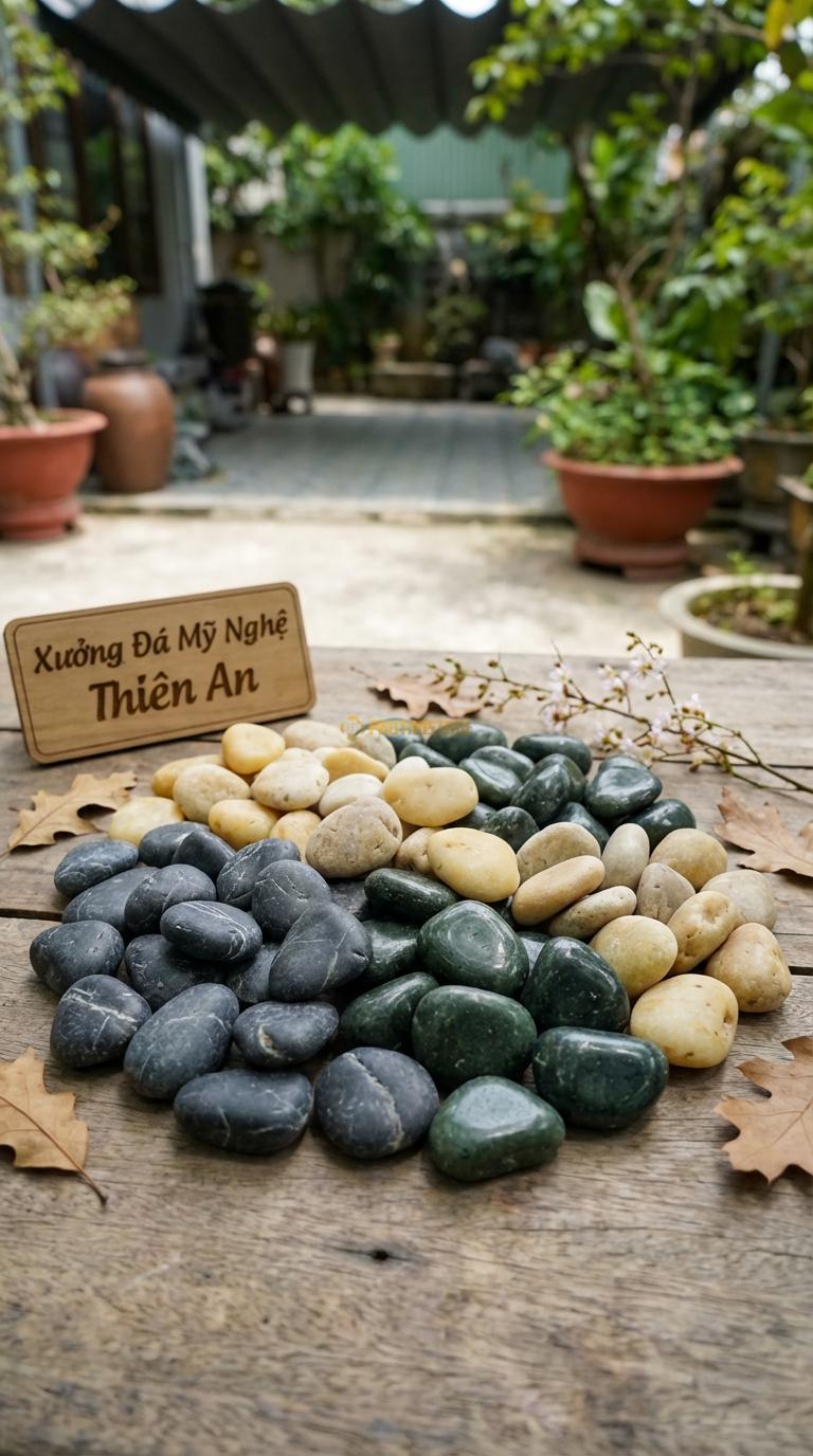 Sỏi Mix 3 loại sỏi đen quay, Xanh rêu, Vàng quay Tỉ lệ (45, 30, 25). Size 3-5cm