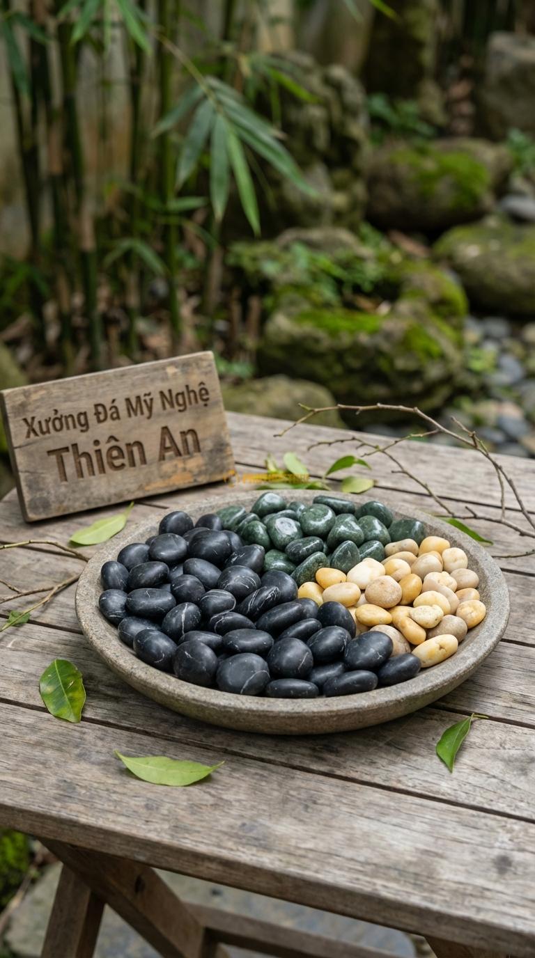 Sỏi Mix 3 loại sỏi đen quay, Xanh rêu, Vàng quay Tỉ lệ (60, 25, 15). Size 1-2cm