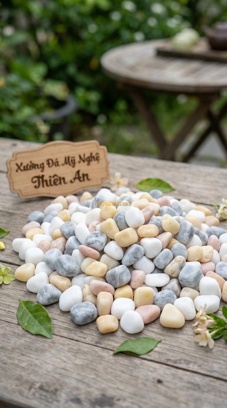 Sỏi Mix 3. Trắng quay, Ghi xám quay, Vàng quay Tỉ lệ (40, 35, 25). Size 3-5mm